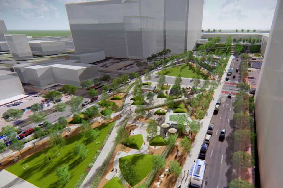 Rendering of proposed South Loop Link Park over I 670 in Kansas City, MO
